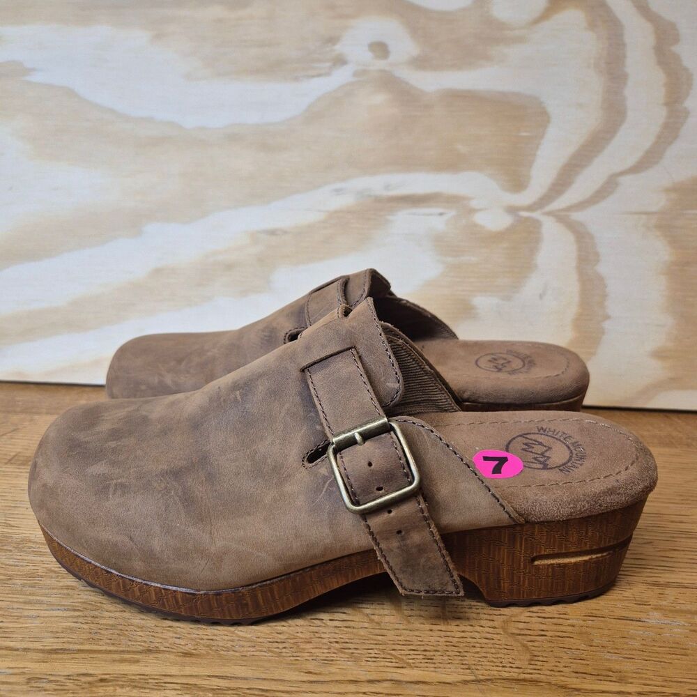 White Mountain Womens 8M Brown Leather Buckle Clogs Mules Comfort Shoes